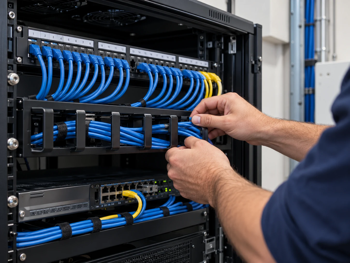 Illustratief beeld van een netjes ingerichte netwerkkast met switches en blauwe netwerkkabels