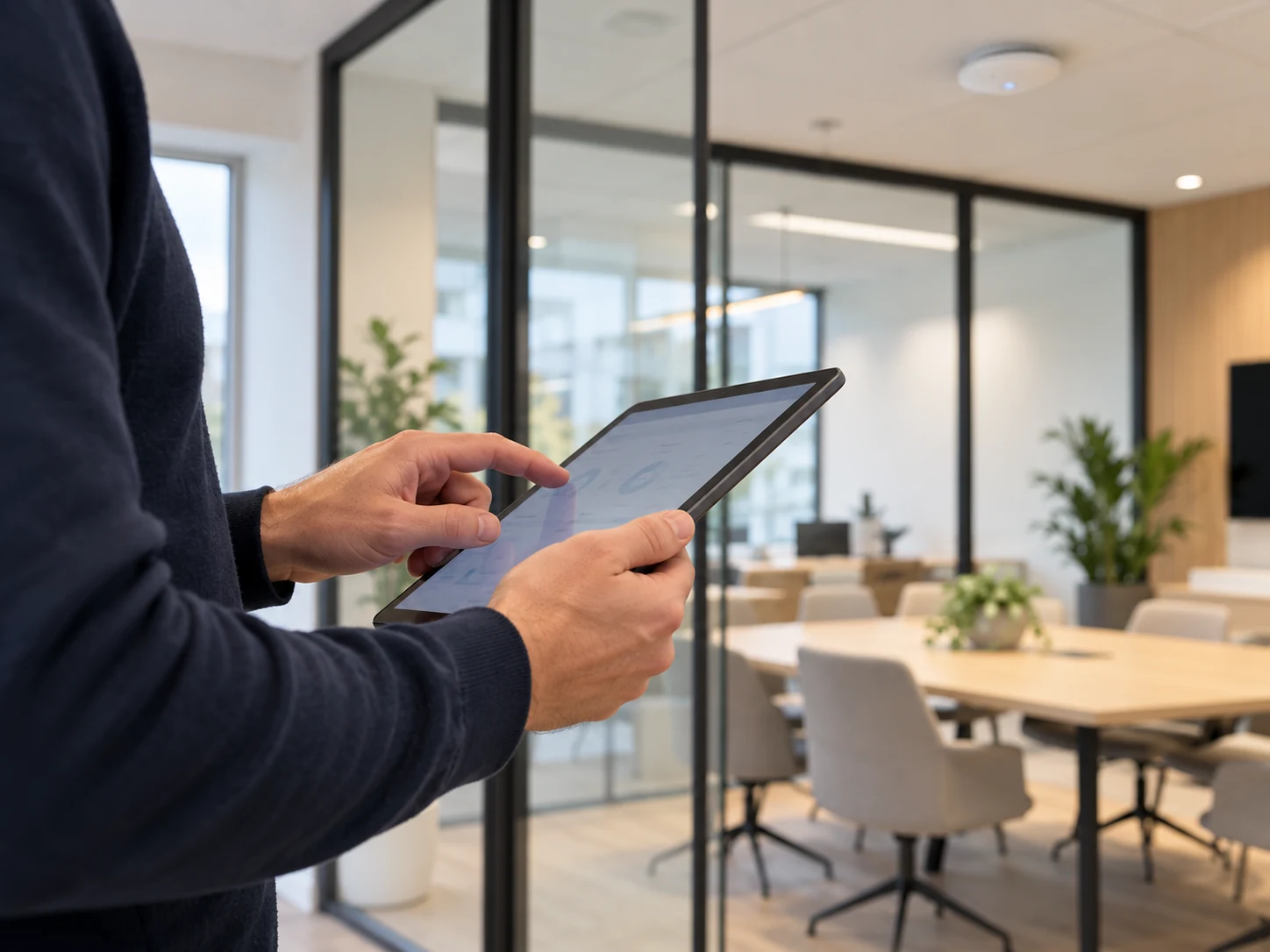 Illustratief beeld van een technicus die met een tablet de wifi-inrichting op kantoor controleert